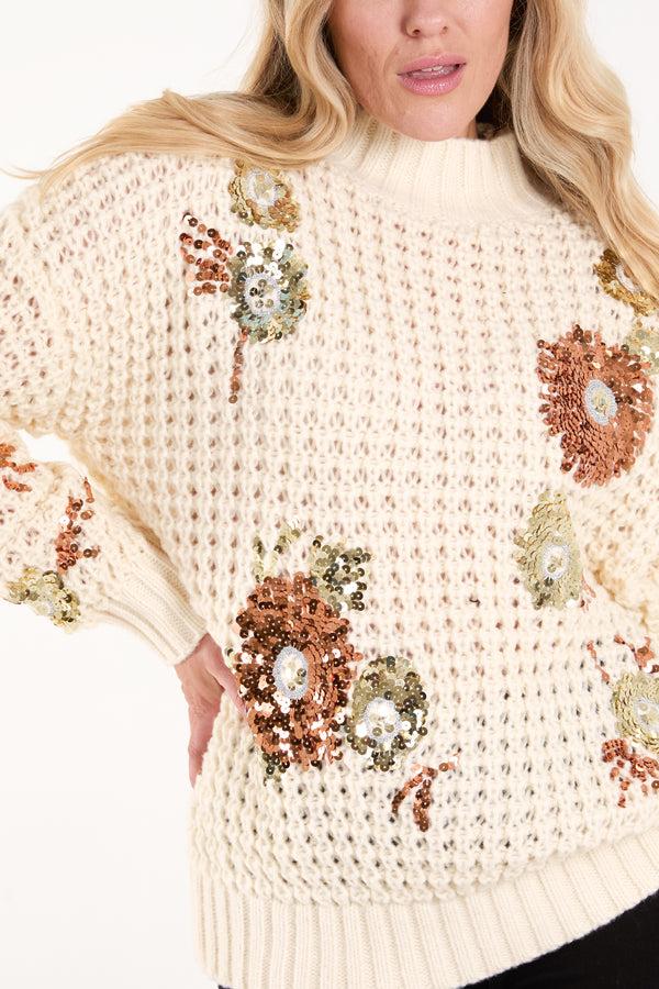 Qed London Sequin Flower Chunky Knit Jumper