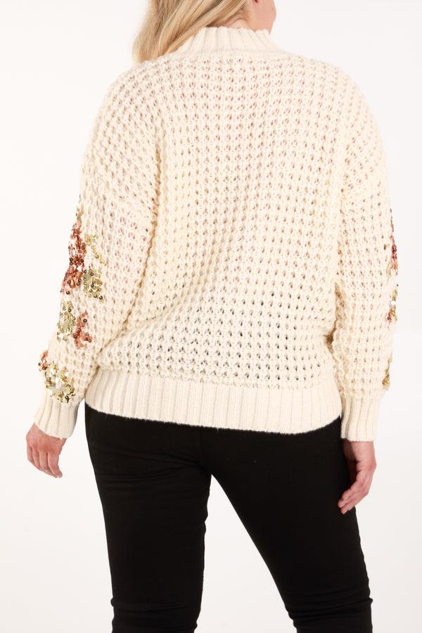 Qed London Sequin Flower Chunky Knit Jumper