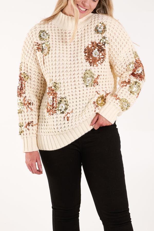 qed london Sequin Flower Chunky Knit Jumper