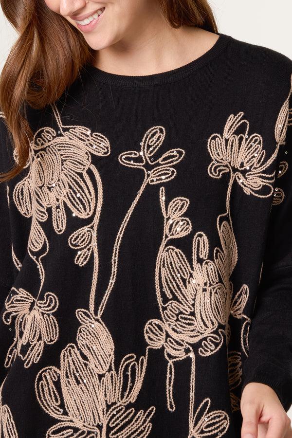 Qed London Sequin & Flower Embroidered Knit Jumper