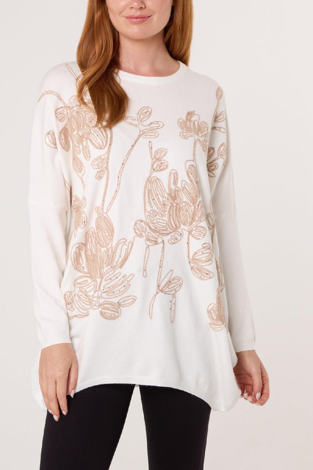 Qed London Sequin & Flower Embroidered Knit Jumper