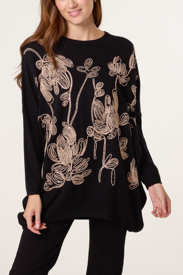 qed london Sequin & Flower Embroidered Knit Jumper
