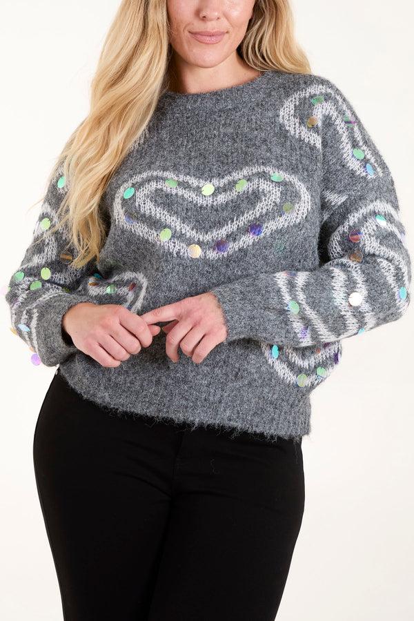 Qed London Sequin Heart Knit Jumper