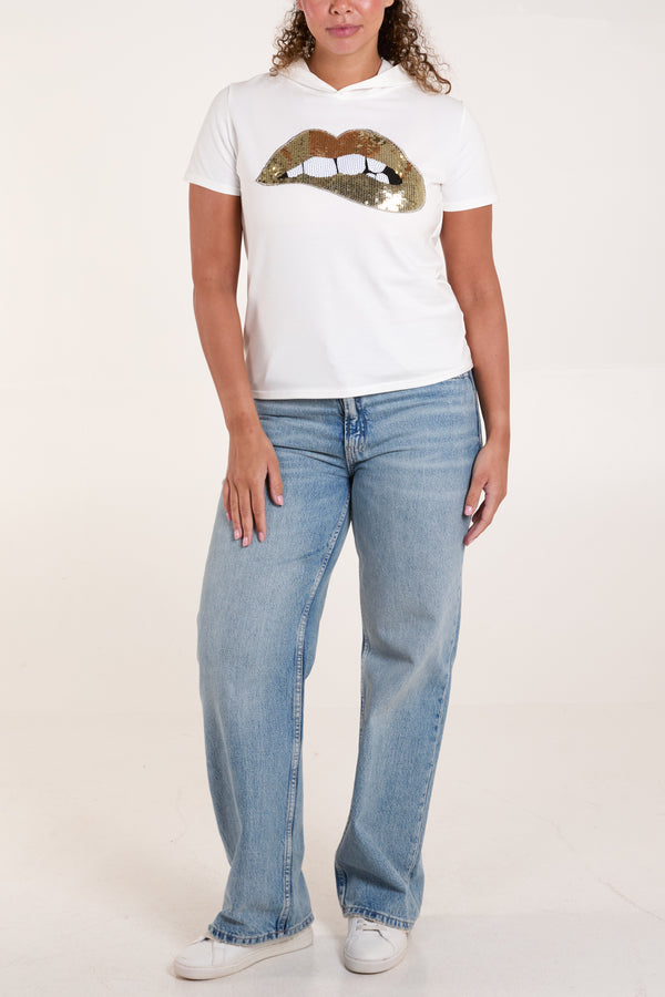 Qed London Sequin Lips Short Sleeve Hoodie