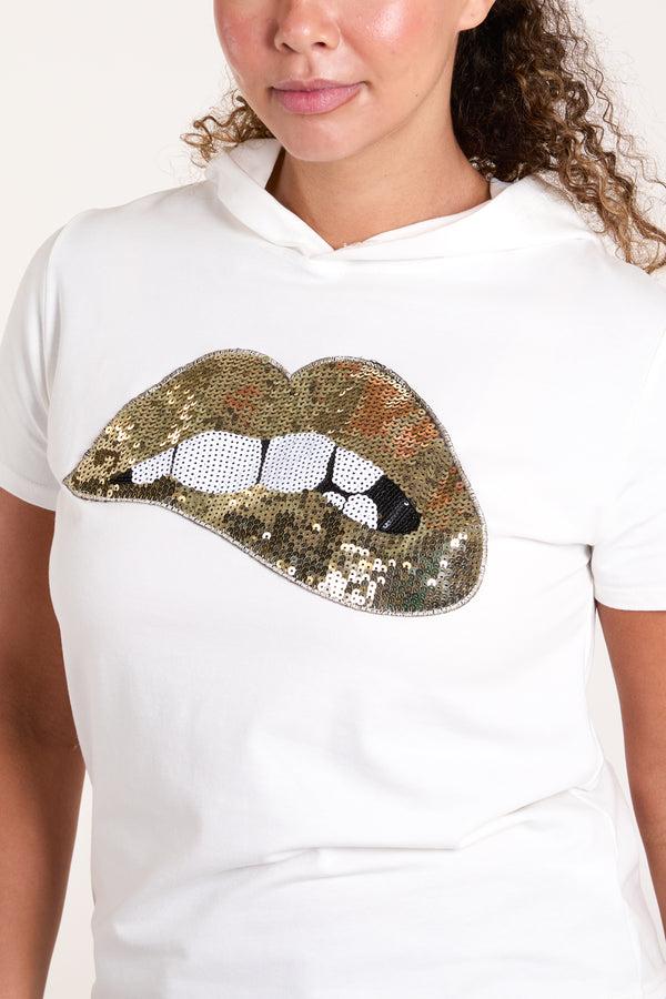 Qed London Sequin Lips Short Sleeve Hoodie