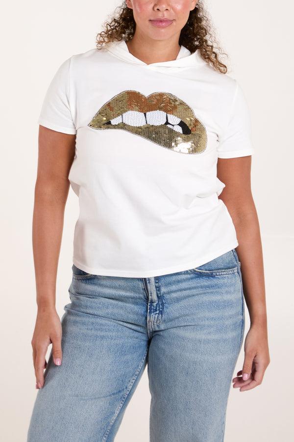 qed london Sequin Lips Short Sleeve Hoodie