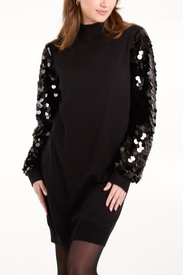 Qed London Sequin Sleeve Turtle Neck Jumper Dress
