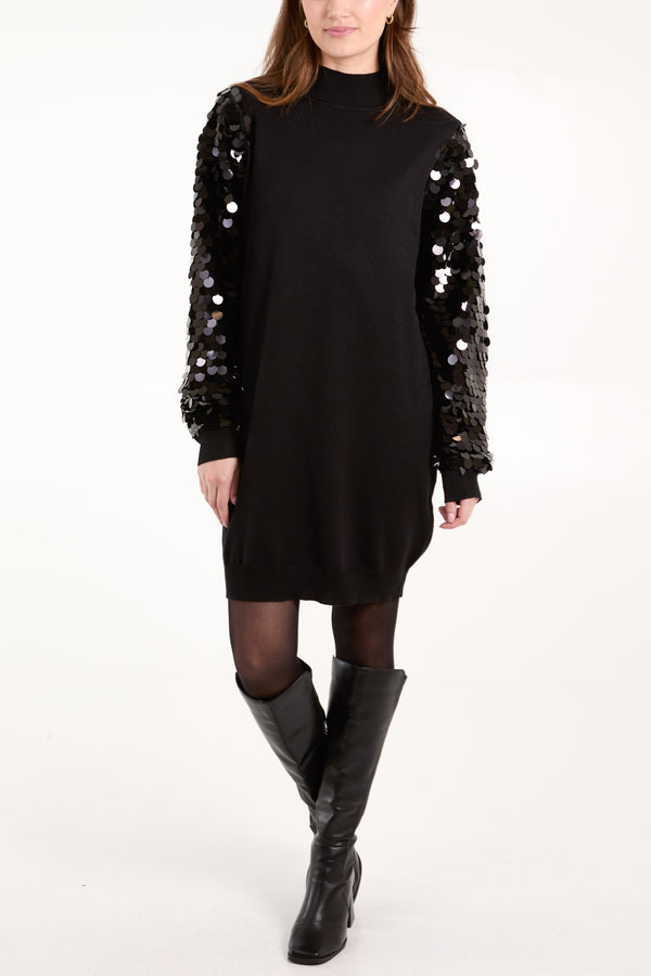 qed london Sequin Sleeve Turtle Neck Jumper Dress