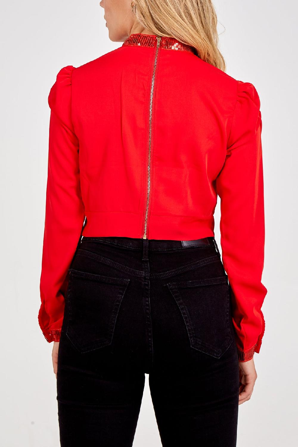 Qed London Sequin Trim Long Sleeve Crop Top