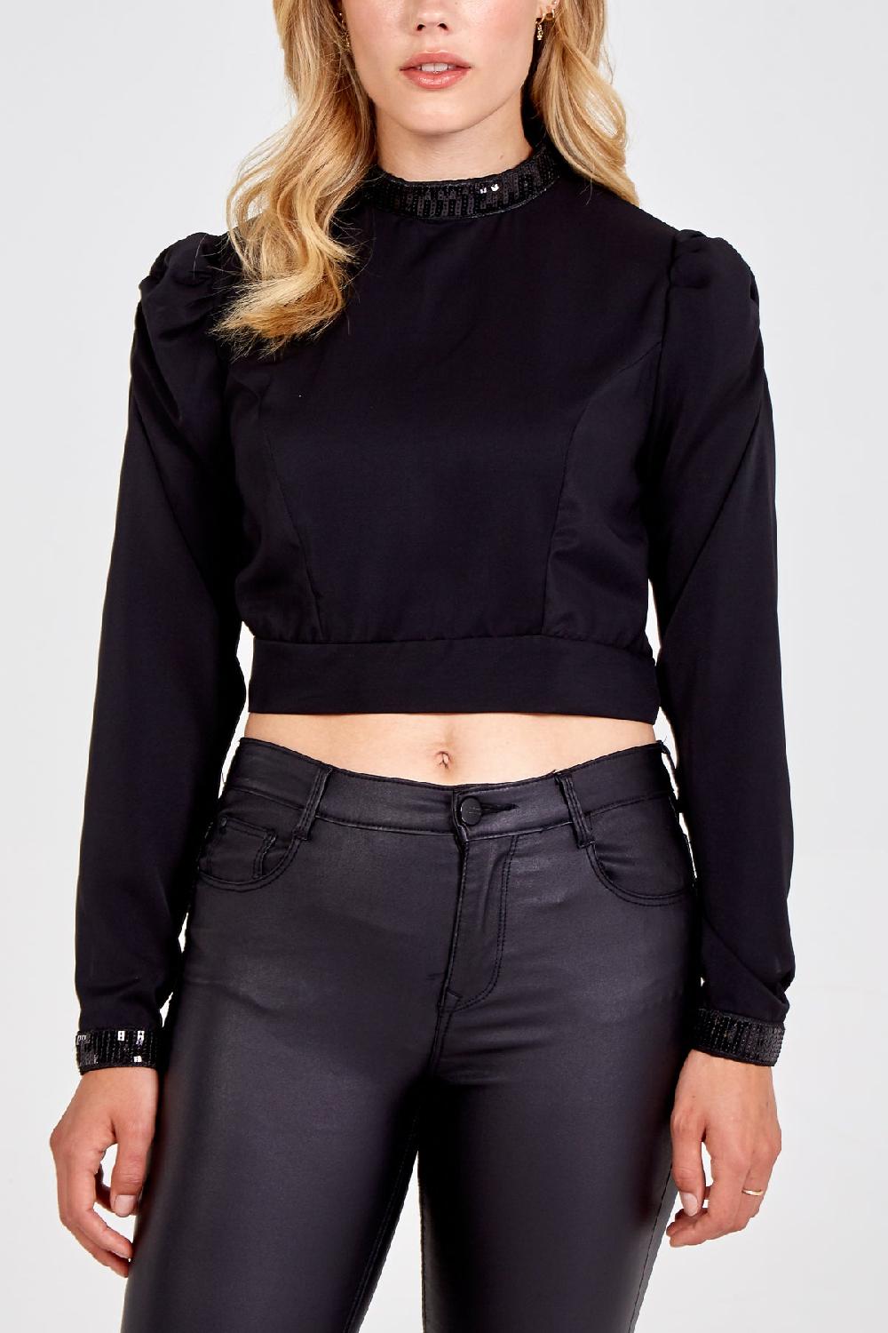 Qed London Sequin Trim Long Sleeve Crop Top