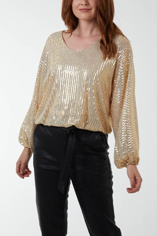 qed london Sequin V-Neck Batwing Blouse