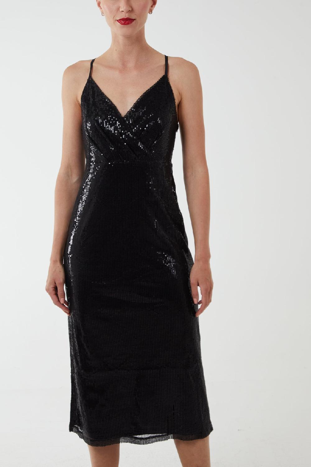 Qed London Sequin Wrap Front Cami Midi Dress