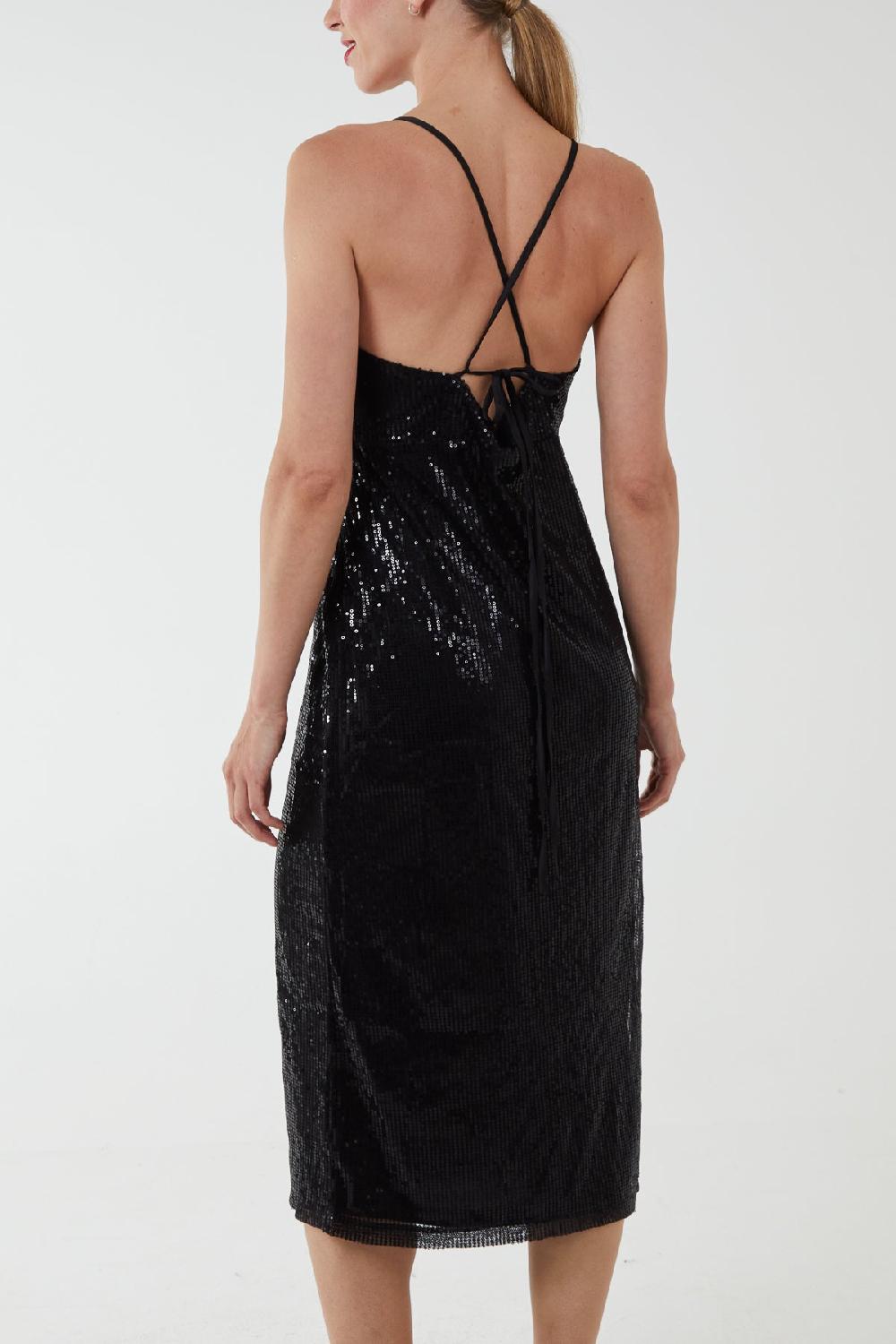 Qed London Sequin Wrap Front Cami Midi Dress