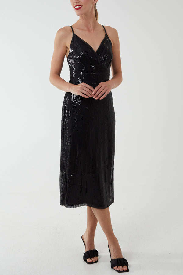 qed london Sequin Wrap Front Cami Midi Dress