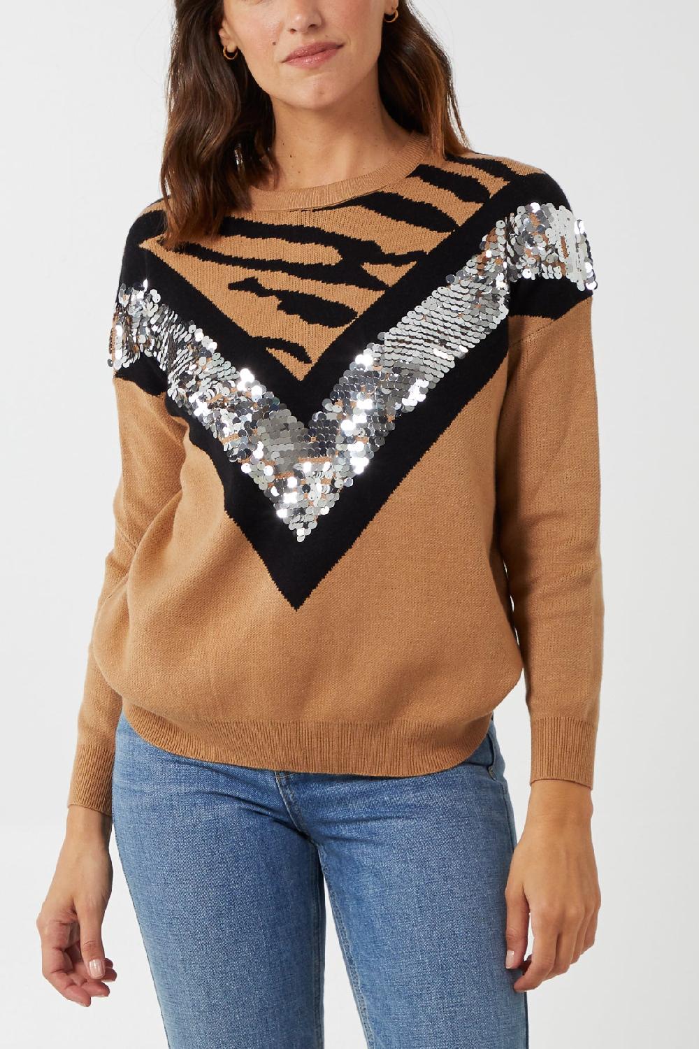 Qed London Sequined V Crew Neck Jumper