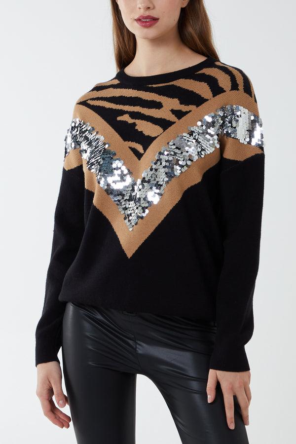 qed london Sequined V Crew Neck Jumper