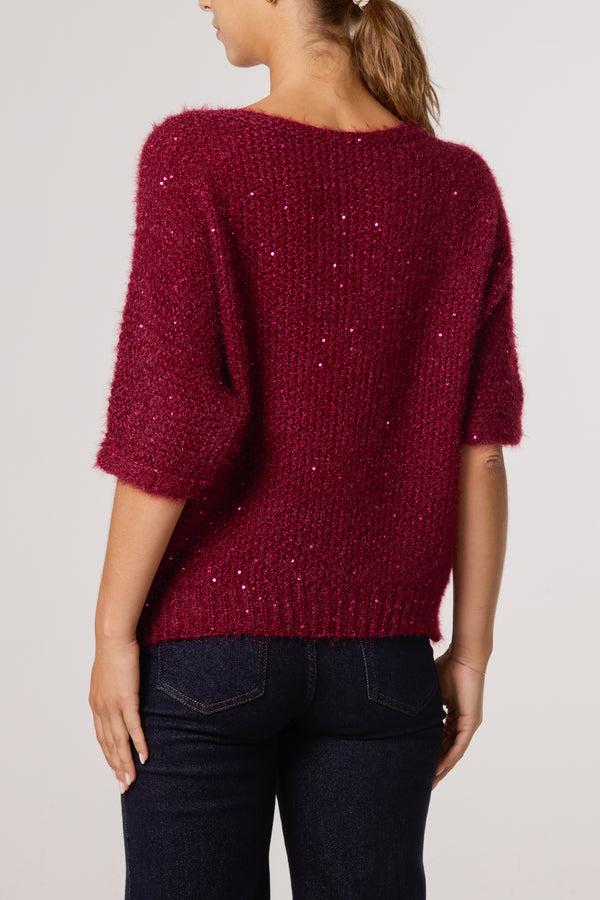 Qed London Sequins Fluffy Knit 3/4 Sleeve Jumper