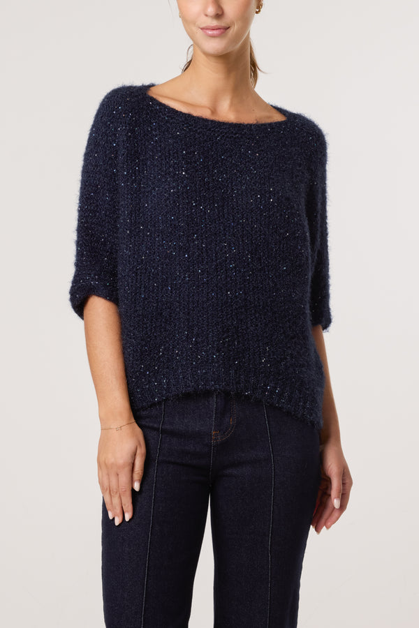 Qed London Sequins Fluffy Knit 3/4 Sleeve Jumper