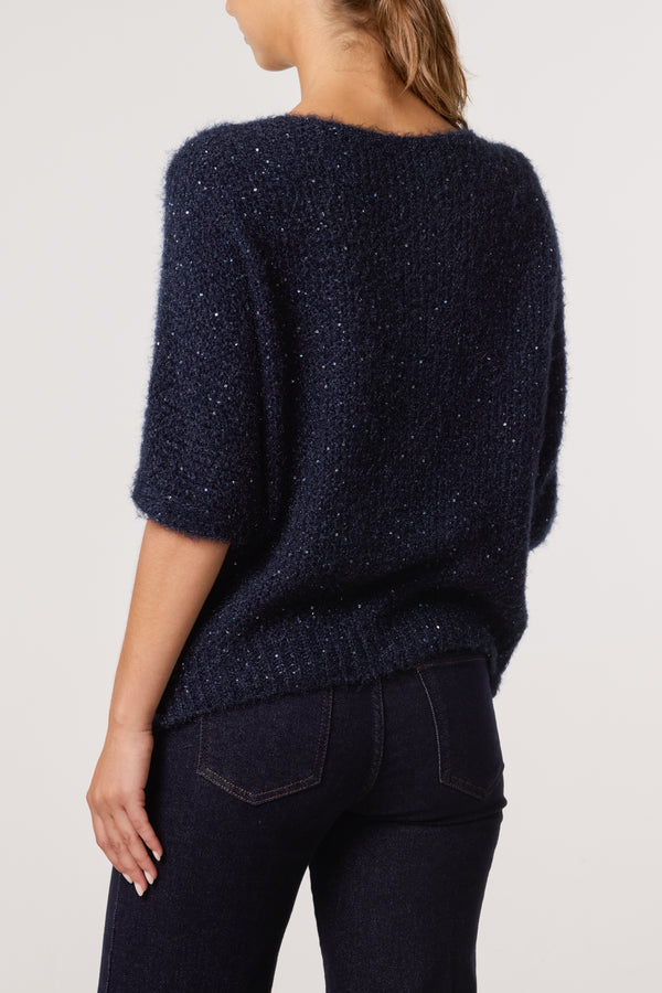 Qed London Sequins Fluffy Knit 3/4 Sleeve Jumper