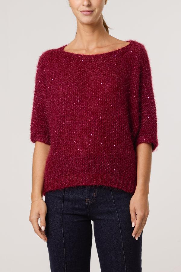 Qed London Sequins Fluffy Knit 3/4 Sleeve Jumper