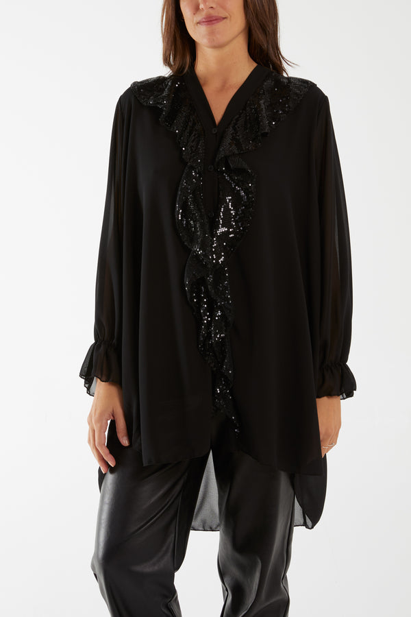 qed london Sequins Front Frill Blouse