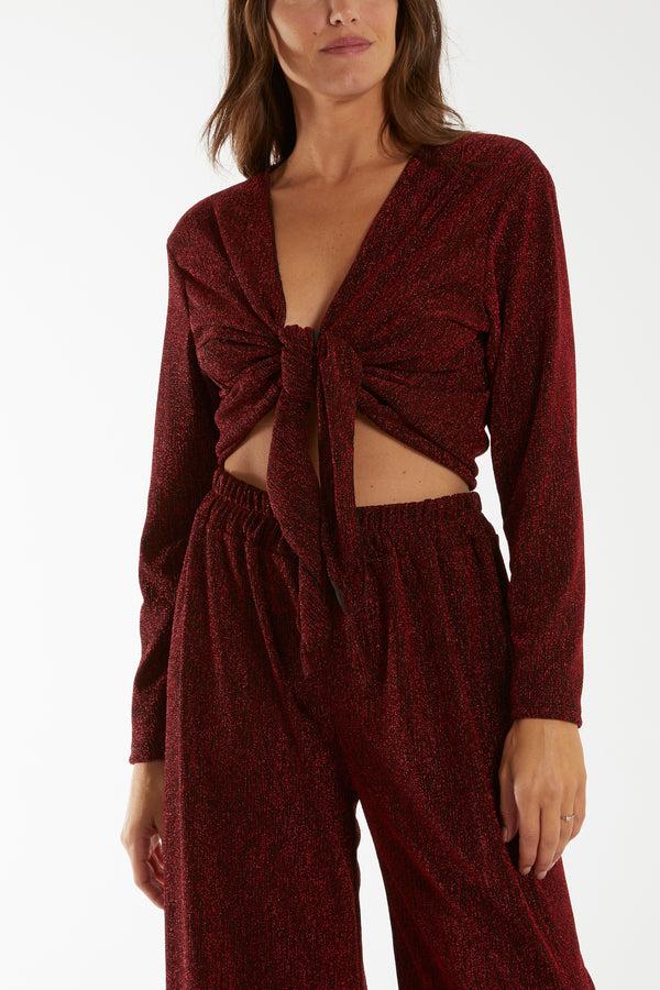 qed london Shimmer Front Knot Crop Top