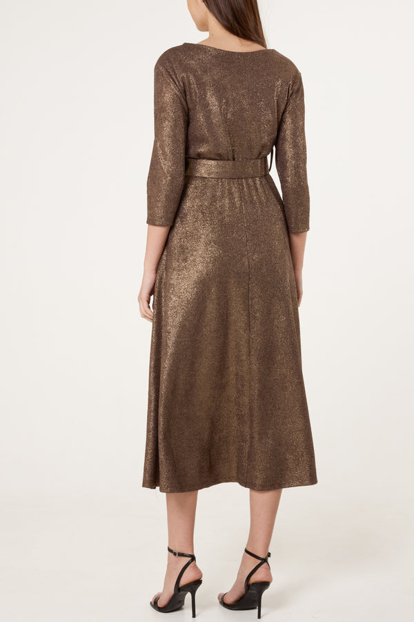 Qed London Shimmer Knit Belted Midi Dress