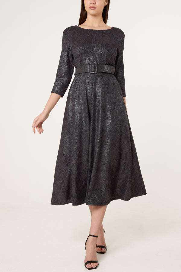 Qed London Shimmer Knit Belted Midi Dress
