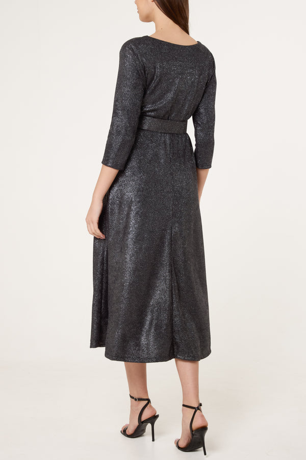 Qed London Shimmer Knit Belted Midi Dress