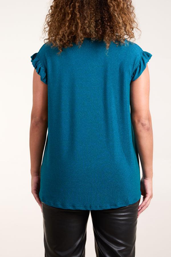 Qed London Shimmer Lurex Frill Sleeve Top
