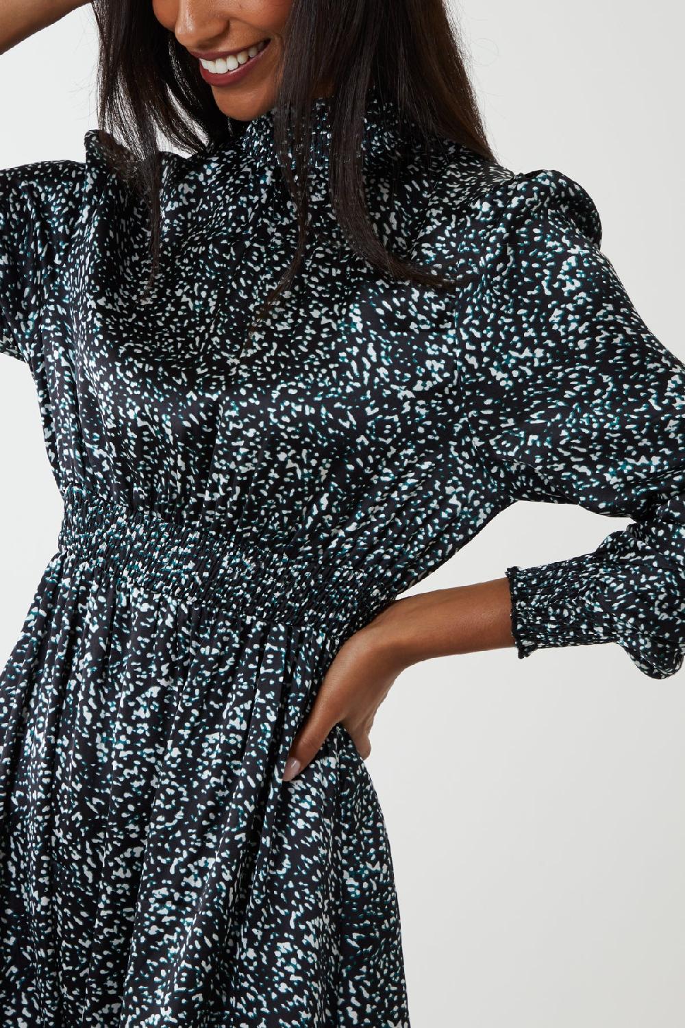 Qed London Shirred Balloon Sleeve Satin Midi Dress