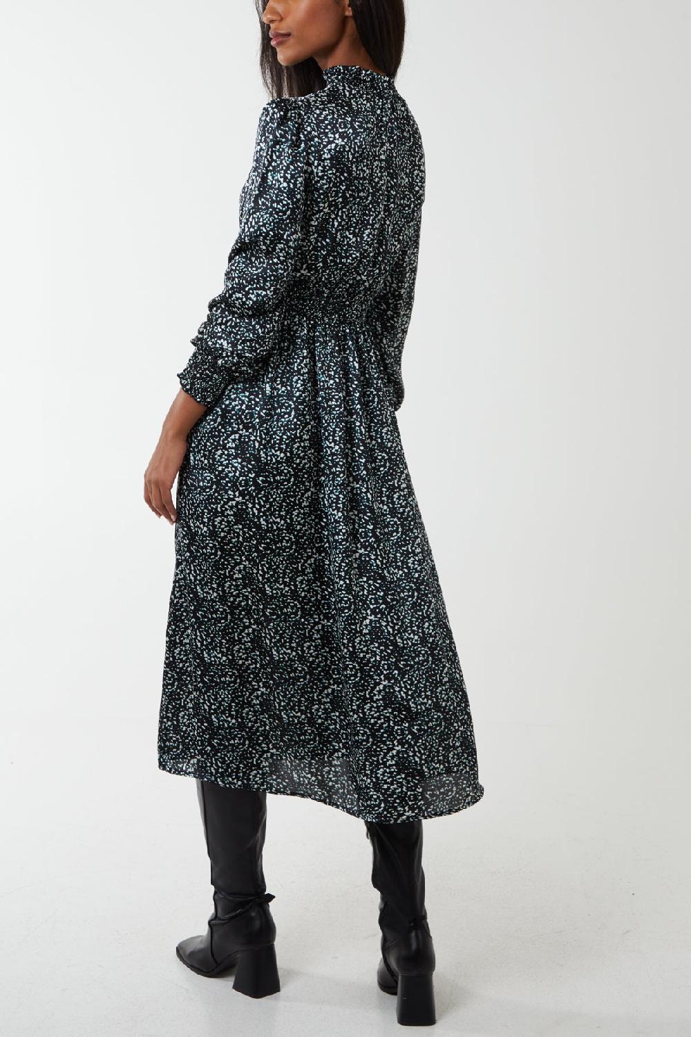 Qed London Shirred Balloon Sleeve Satin Midi Dress