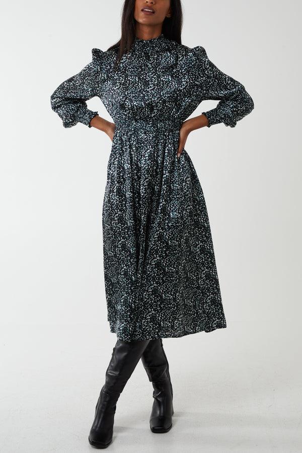 qed london Shirred Balloon Sleeve Satin Midi Dress