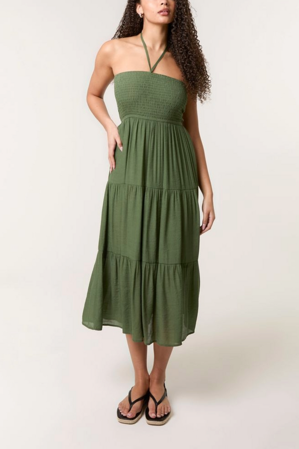 Qed London Shirred Bandeau Tiered Midi Dress