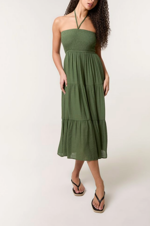 qed london Shirred Bandeau Tiered Midi Dress