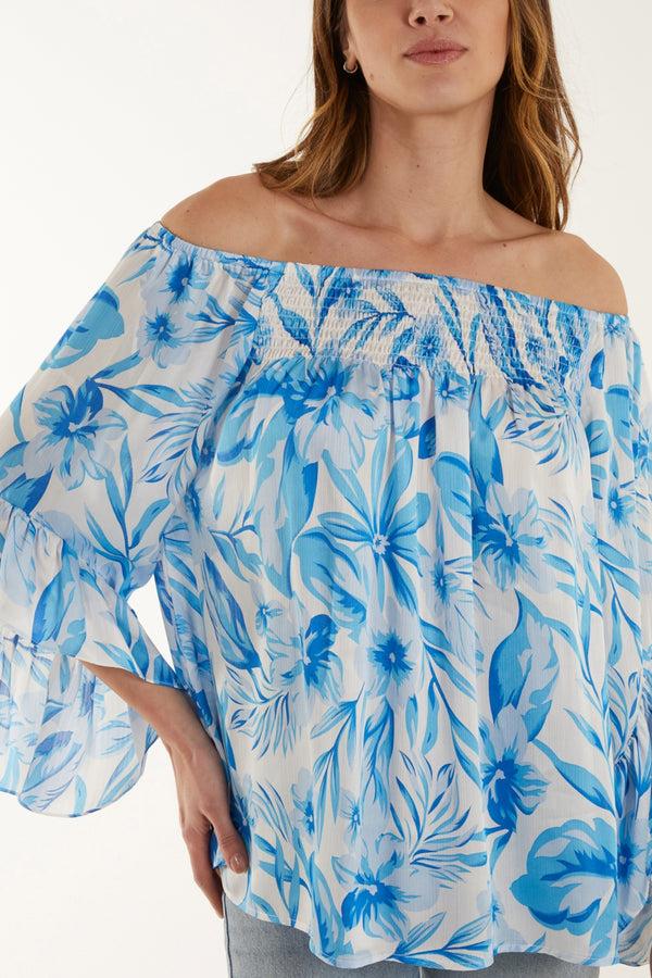 Qed London Shirred Bardot Printed Top