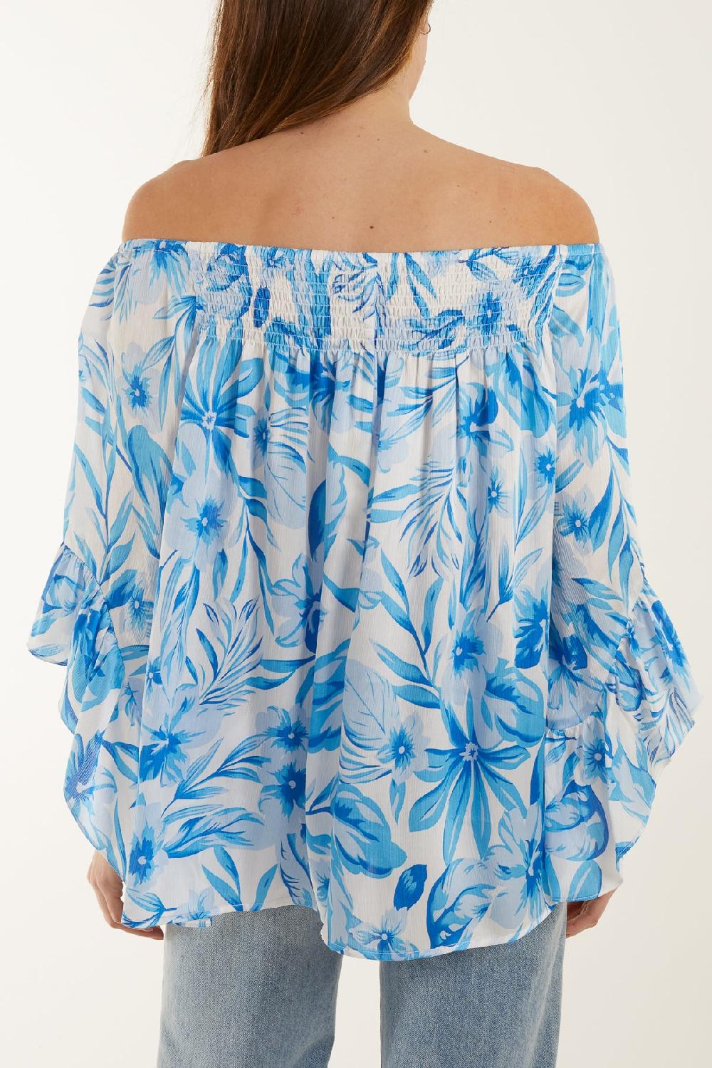 Qed London Shirred Bardot Printed Top