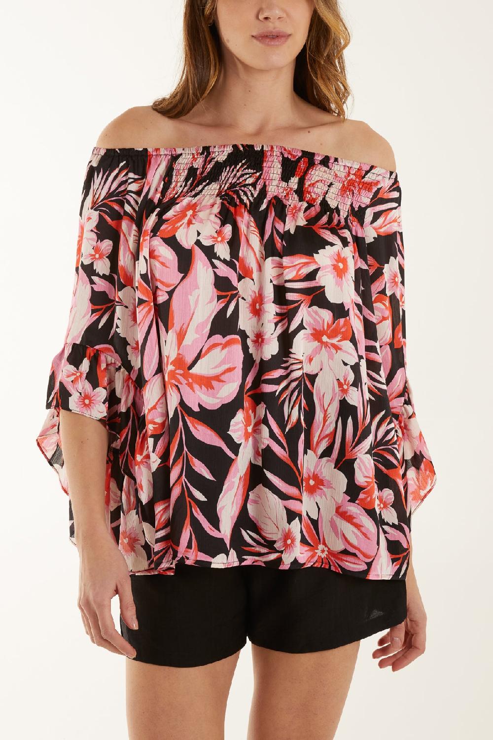 Qed London Shirred Bardot Printed Top