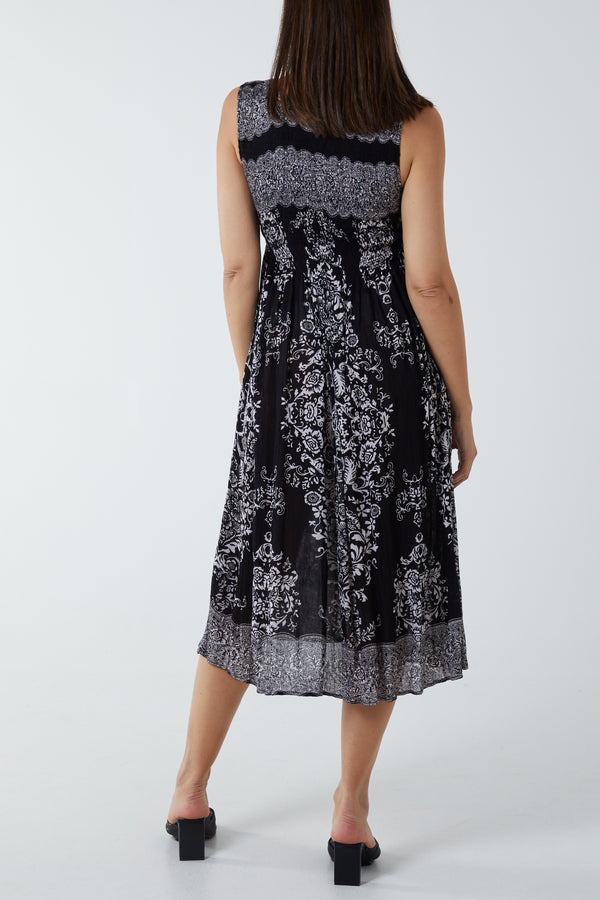 Qed London Shirred Baroque Print Midi Dress