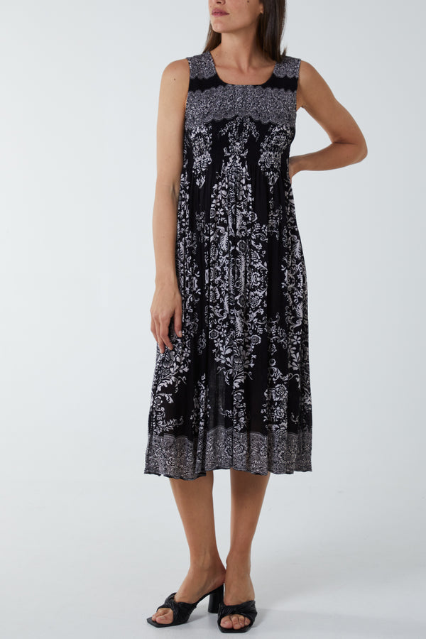 qed london Shirred Baroque Print Midi Dress