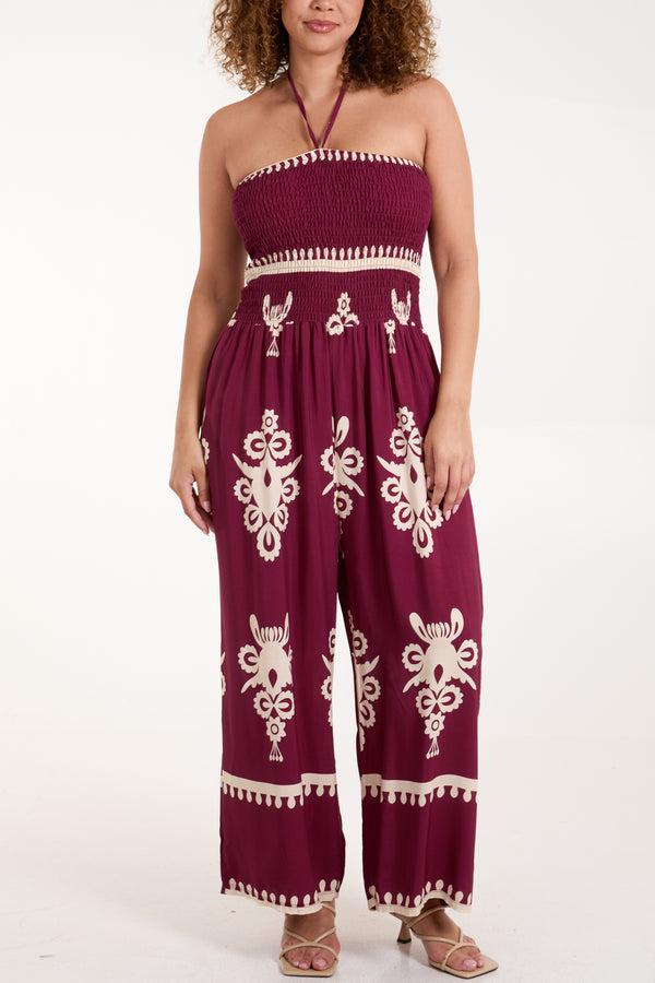 qed london Shirred Bodice Bandeau Printed Jumpsuit