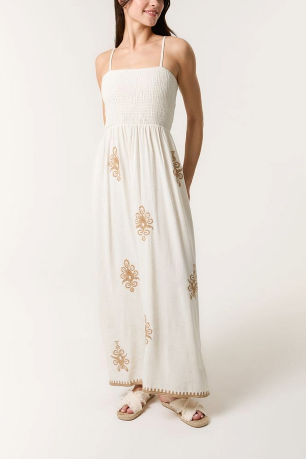 Qed London Shirred Bodice Embroidered Maxi Dress