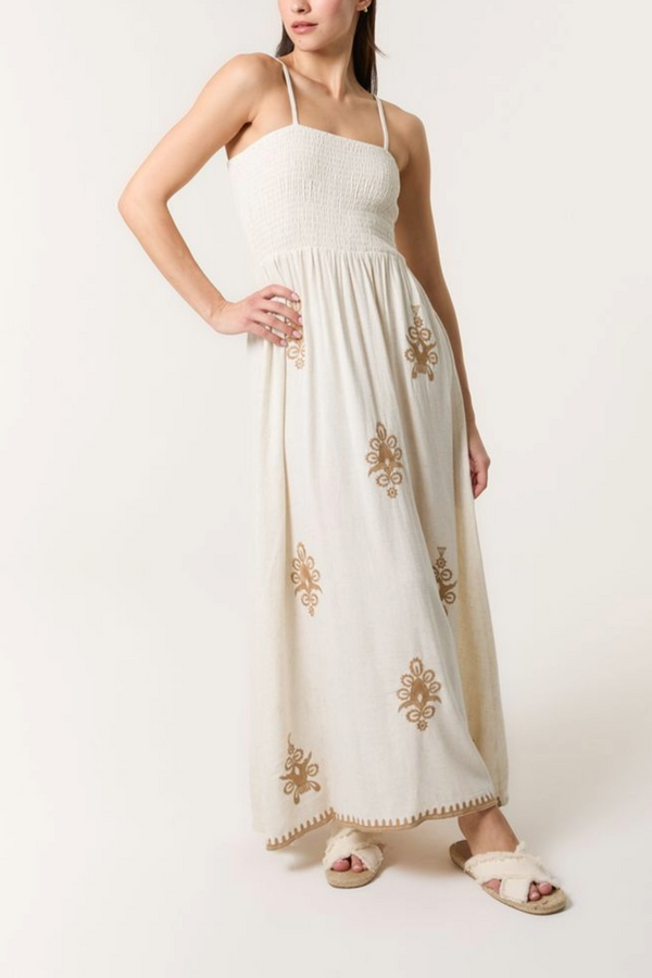 qed london Shirred Bodice Embroidered Maxi Dress