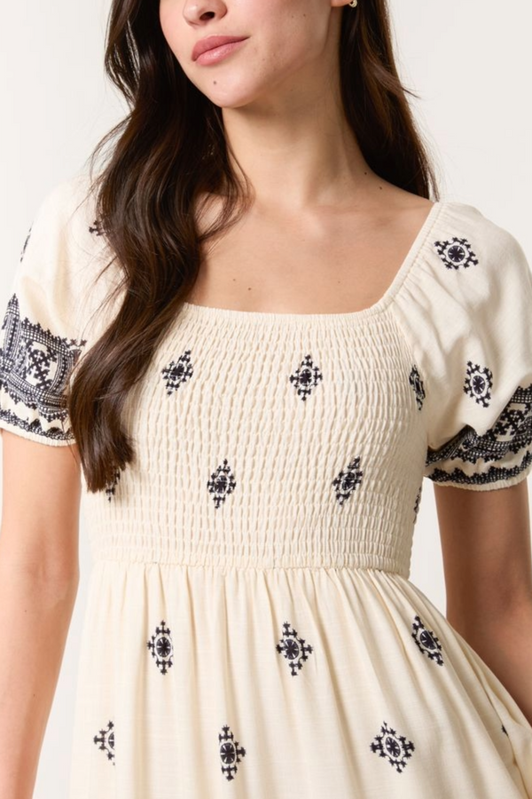 Qed London Shirred Bust Border Print Midi Dress