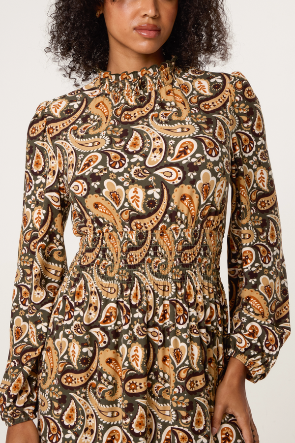 Qed London Shirred High Neck Paisley Stretch Dress