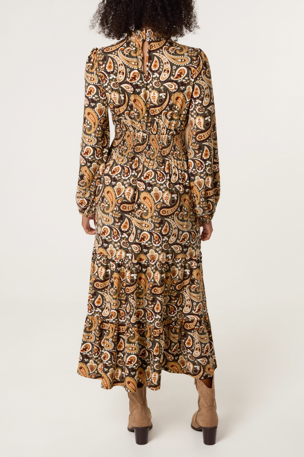 Qed London Shirred High Neck Paisley Stretch Dress