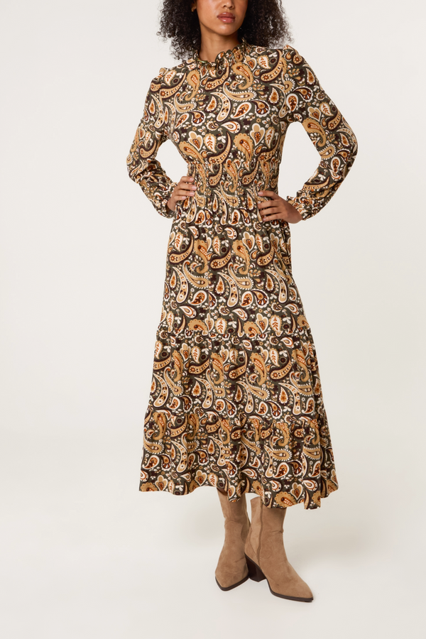 qed london Shirred High Neck Paisley Stretch Dress