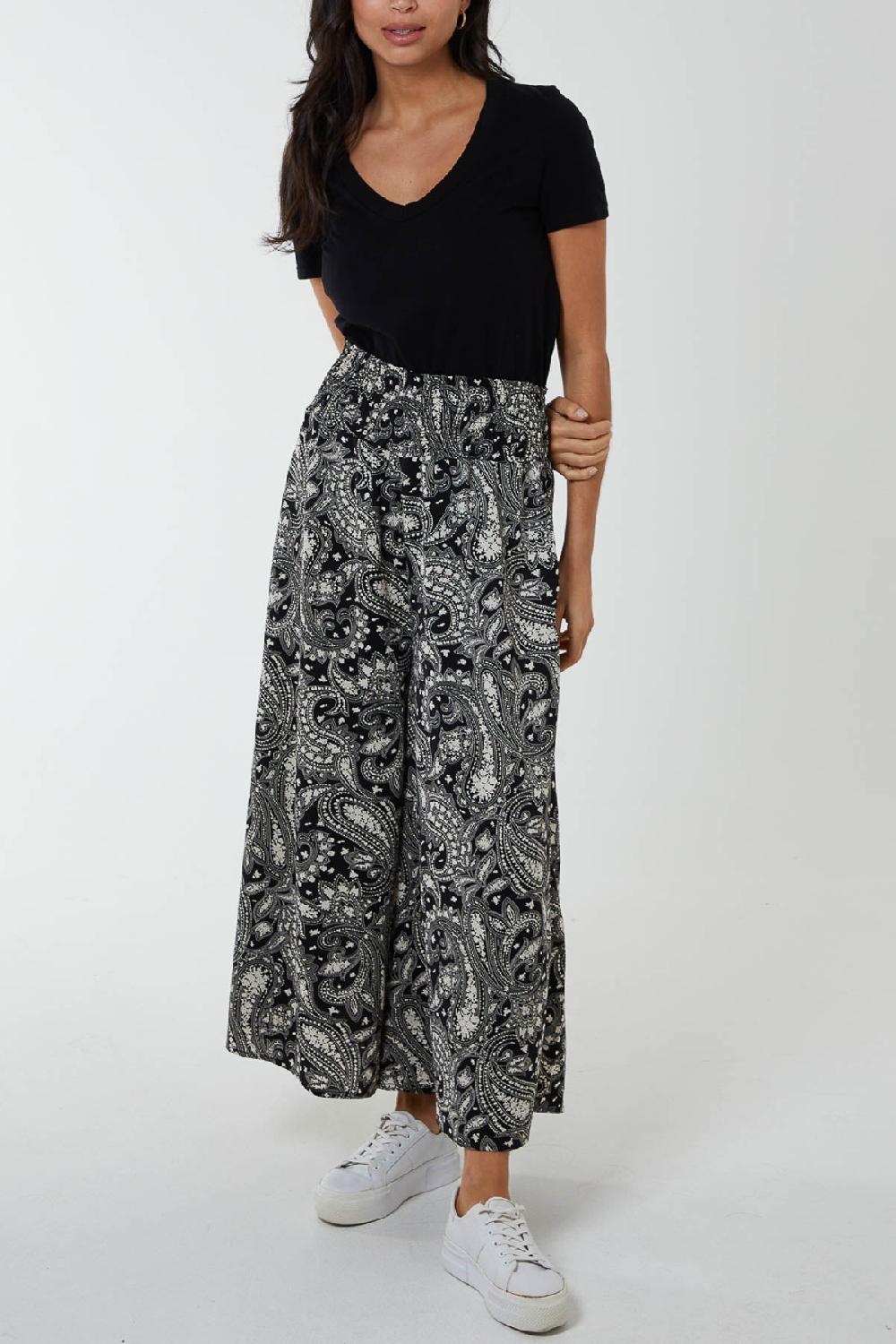 Qed London Shirred Wide Leg Paisley Trousers
