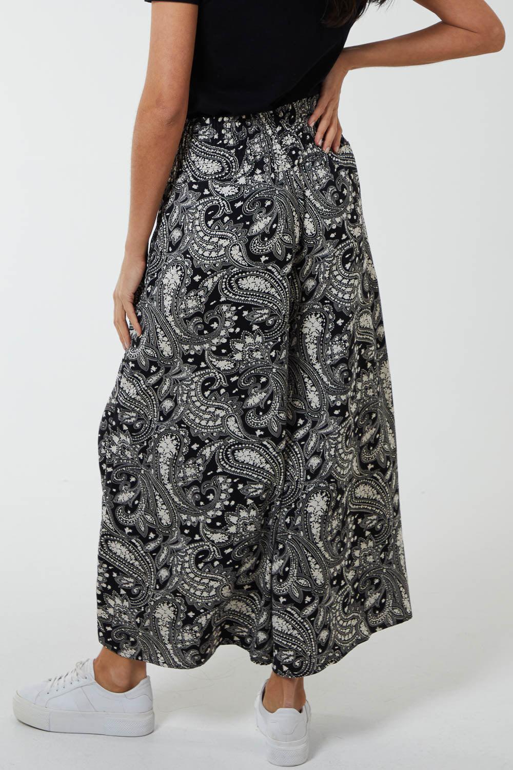 Qed London Shirred Wide Leg Paisley Trousers