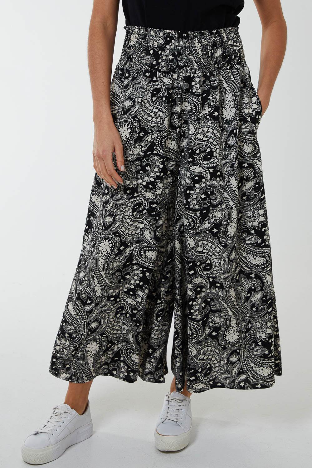 qed london Shirred Wide Leg Paisley Trousers